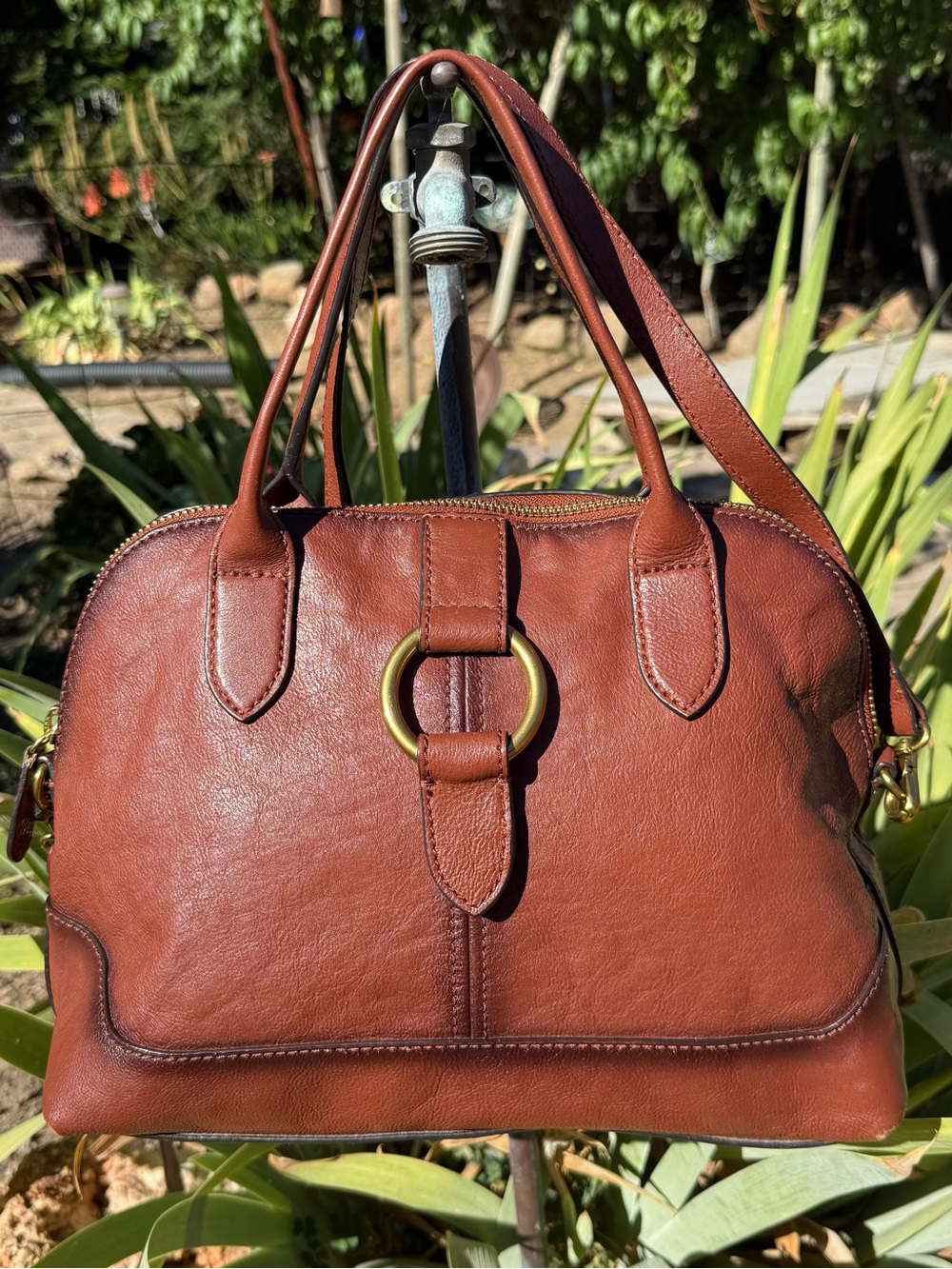 FRYE Cognac Leather Ring Dome Satchel Crossbody Bag - EUC